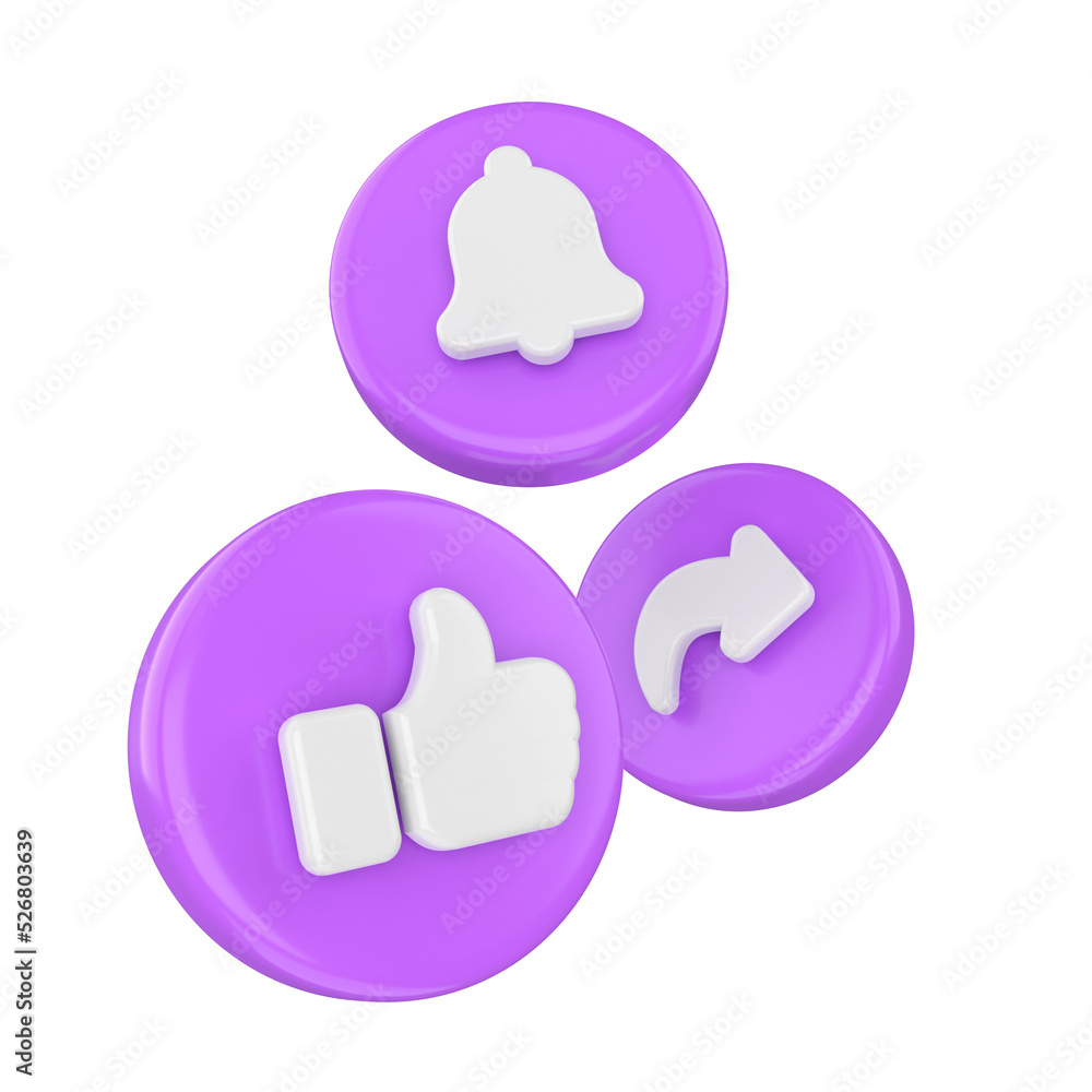 Like share and subscribe icons. 3D element.