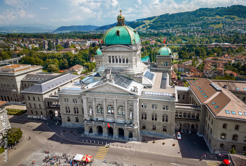 The Swiss Capital Building in Bern. Drone panorama of Swiss Goverment building photo