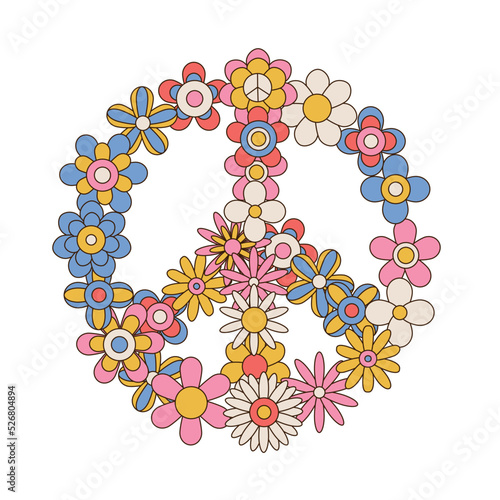 Colorful peace flower symbol. Famos sign made of daisy flowers. Linear color vector illustration.