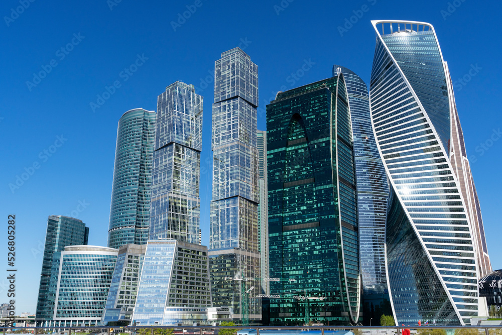Russia, Moscow May 10, 2021: Moscow City skyscrapers. Business buildings and office Russia, Moscow May 10, 2021: Moscow City skyscrapers. Business buildings and office