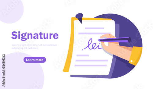 Man putting esignature into legal document. Digital signature concept. Businessman signing an agreement or contract online. Colorful vector illustration in flat cartoon style