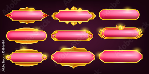 Game button set, avatar text frame kit, UI golden pink badge, fantasy royal RPG interface border. Decoration shiny medieval collection, winner metal cartoon title label. Jewellery game button assets