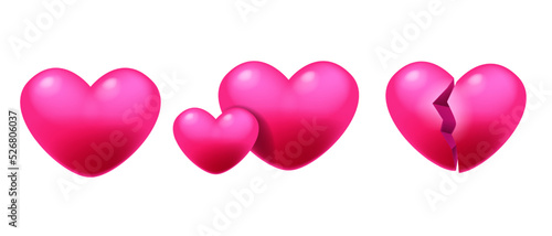 3D heart pink set, love candy game icon, red Valentine shape cracked balloon UI lovers badge. Medical element isolated clipart emotion romantic cartoon illustration. 3D heart glossy glowing collection