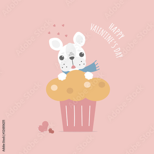 cute and lovely hand drawn french bulldog pug with cupcake, love concept, happy valentine's day, birthday, flat vector illustration cartoon character design isolated