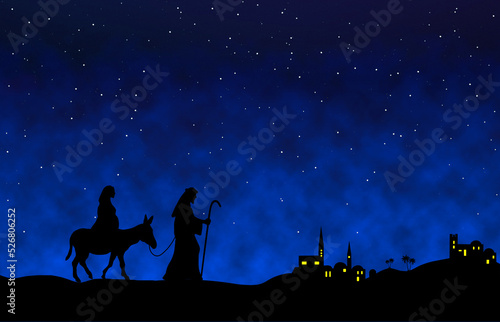 Canvas Print Joseph and Mary journey on blue background