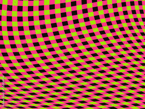 Distorted mesh, optical illusion. Rave psychedelic, acid trip. Bright abstract background green and red color. Design for posters, banners and promotional items. Vector illustration