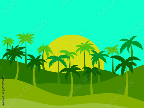 Tropical landscape with palm trees in a minimalist style. The contours of palm trees against the background of the sun in flat style. Design for printing poster and banner. Vector illustration