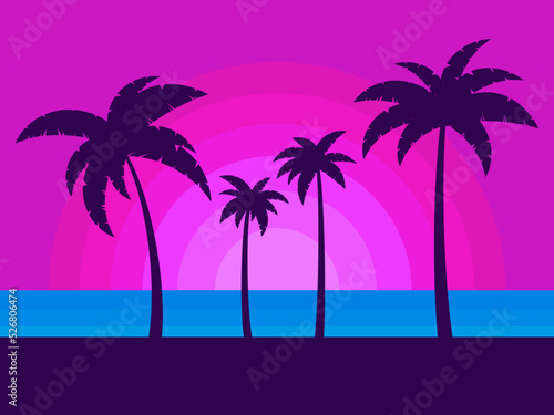 80s retro sci-fi palm trees on a sunset. Retro futuristic sun with palm trees on the seashore. Romantic sunset. Summer time. Synthwave and Retrowave style. Vector illustration