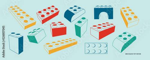 Set of toy brick block in different position. Retro geometric illustration of a construction game. Various items for sale, announcements for children store. Vector flat illustration icon.