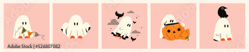 host emotional expression. Halloween phantom with different character. Concept of mystical drawings for decoration. Flat vector illustration isolated on pink background.
