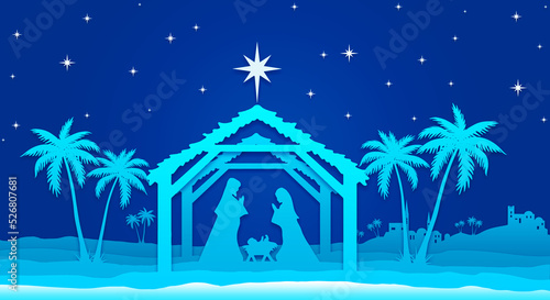 Blue Christmas Nativity scene in the desert at night