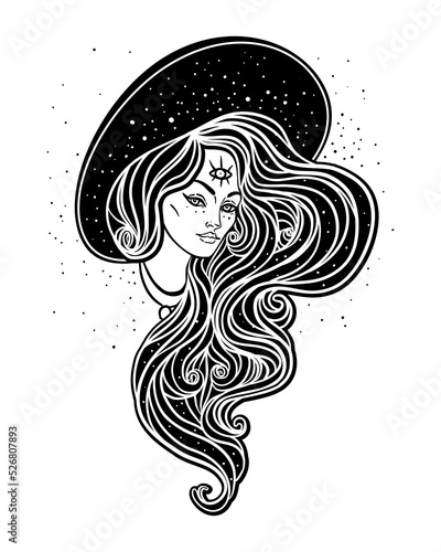 Young beautiful witch. Mystic character. Alchemy, spirituality, occultism, tattoo art. Isolated black and white vector illustration. Halloween concept. Wiccan woman.