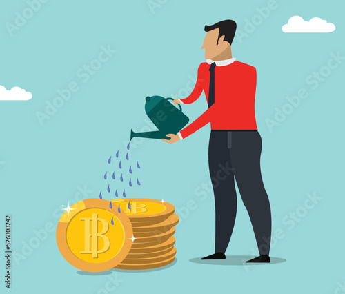 Man save bitcoin, BTC growth financial and future investment concept flat vector illustration
