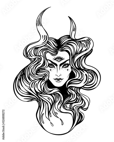Young beautiful witch. Mystic character. Alchemy, spirituality, occultism, tattoo art. Isolated black and white vector illustration. Halloween concept. Wiccan woman.
