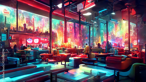 Fantasy restaurant night city landscape, neon light, futuristic urban colorful digital illustration