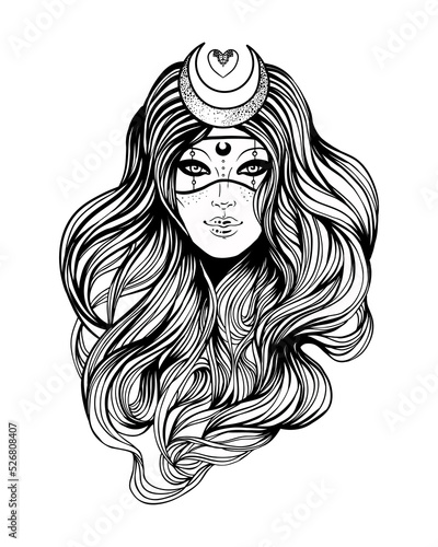 Young beautiful witch. Mystic character. Alchemy, spirituality, occultism, tattoo art. Isolated black and white vector illustration. Halloween concept. Wiccan woman.