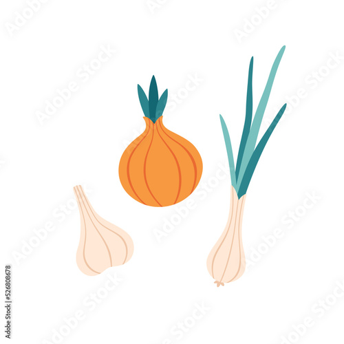 Onion, green onion and garlic, vegetables. Summer and autumn harvest, farming. Healthy and organic food. Vector illustration in flat style