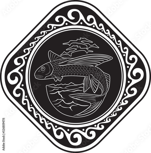flying fish logo with floral frame handmade design vector