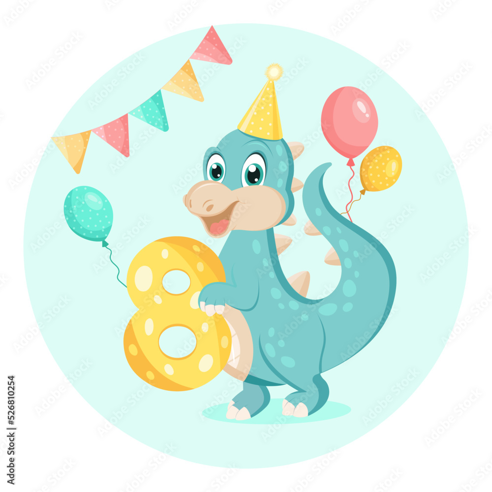 Naklejka premium Cute baby dinosaur. Birthday invitation. eight years, eight months. Happy birthday greeting card.