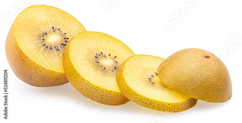 Golden kiwi fruit slices isolated on white background.