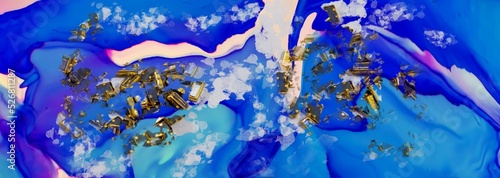 Metalic beads on Alcohol ink fluid abstract texture fluid art with gold glitter and liquid.