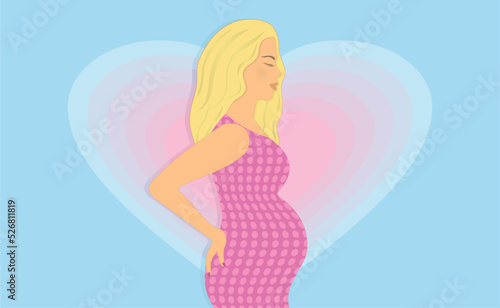 Lovely pregnant woman with hearts in background. Vector illustration.