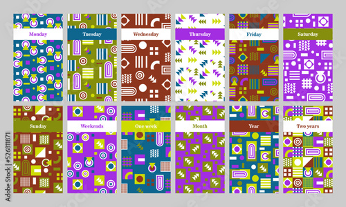 Vector set of covers for web and print. Set in abstract style with days of the week. Bright and dynamic covers with elements of geometric shapes for use in business  marketing  fashion  etc.