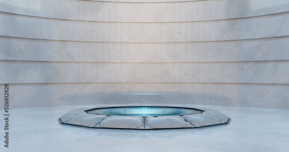 3d rendering. Empty light studio room futuristic Sci Fi big hall room with lights white, Future background for design.