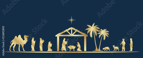 Blue and golden Christmas Nativity scene banner background