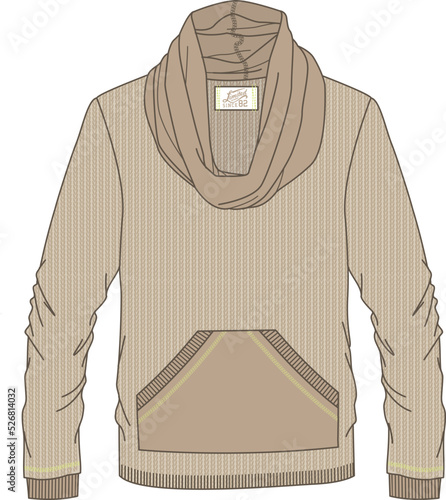 Technical design of men's sweater, with kangaroo pocket, scarf collar, knitting texture