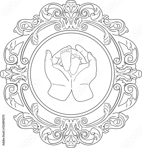 mother hands wth baby legs vector design with floral frame