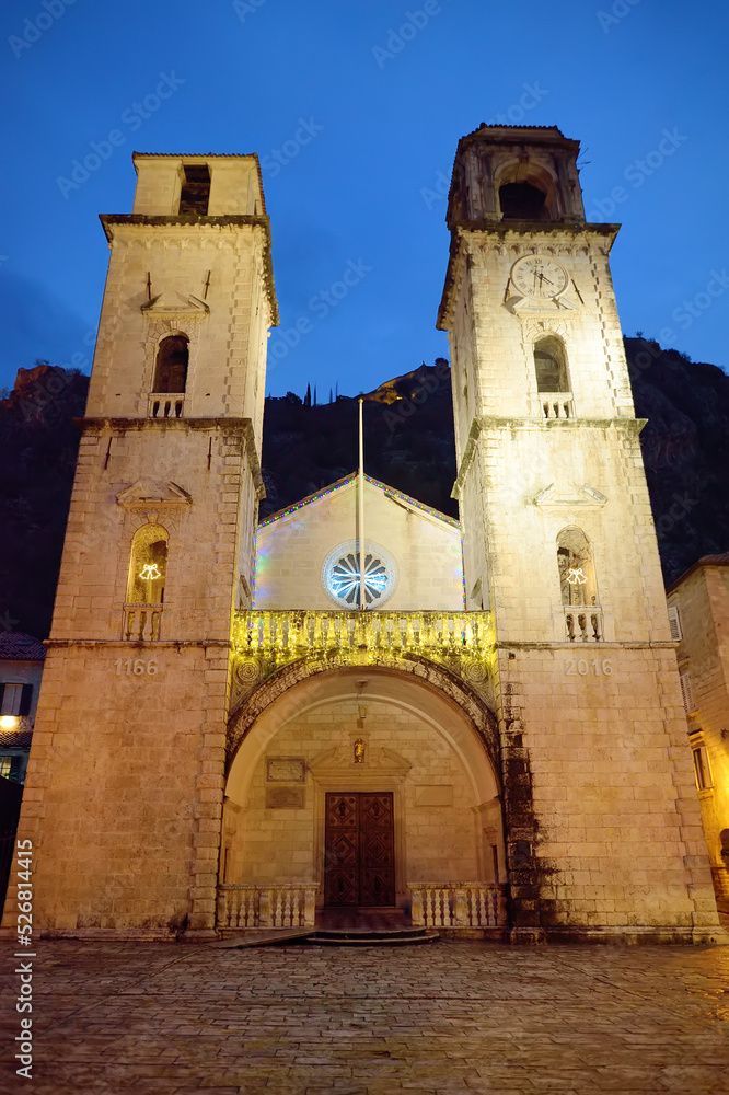 Famous Roman Cathedral of Saint Tryphon, Old Town of Kotor, Montenegro on night time.