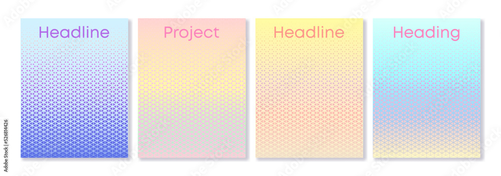 Set of holographic gradient cover templates with halftone pattern. For brochures, booklets, catalogs, business cards, wallpapers, social media and other projects. For web and print.