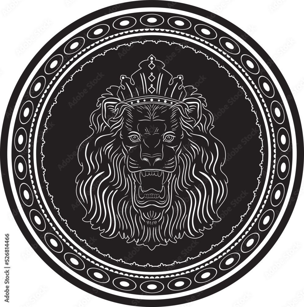 lion head with a crown and floral frame vector design