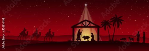 Red Christmas Nativity scene banner background. Vector illustration.