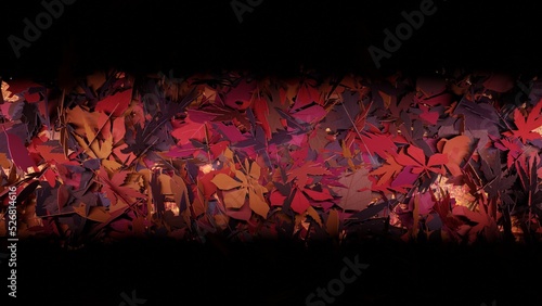 3D rendering. 3D high quality render. Autumn background full of leaves with two intense shadows on the top and bottom. Path made up of many red colored leaves in the fall season.
