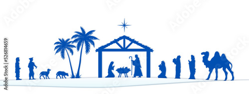 Blue Christmas Nativity scene. Greeting card banner background. Vector EPS10.