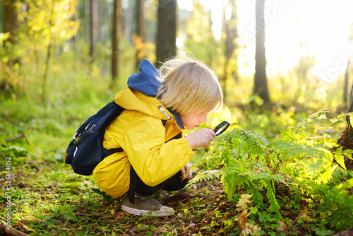 Fotografie, Obraz Preschooler boy is exploring nature with magnifying glass