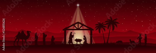 Red Christmas Nativity scene banner background. Vector illustration.