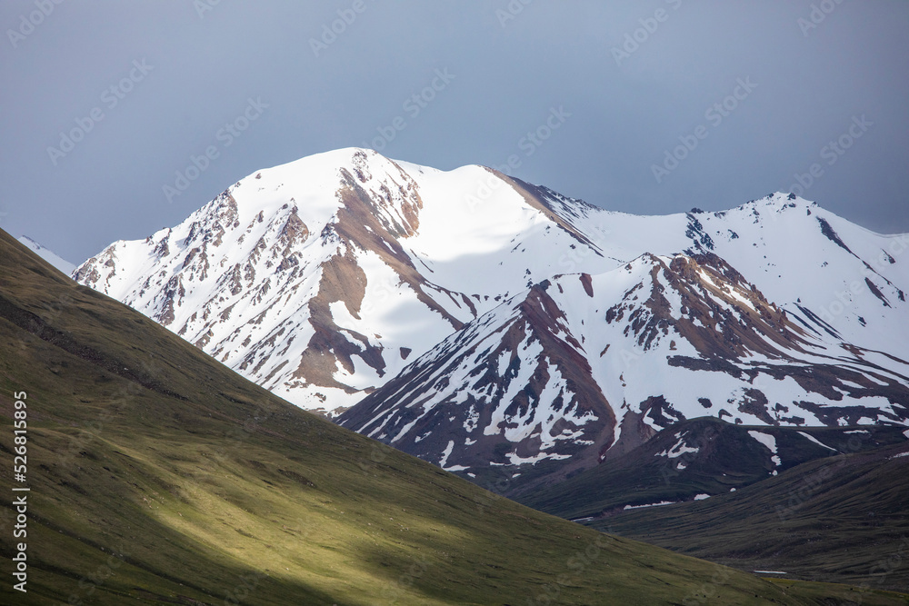 Snow capped mountains in the Tian Shan range of Kyrgyzstan.