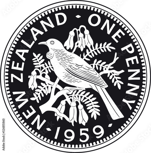 new zealand coin one penny year 1959 black design 