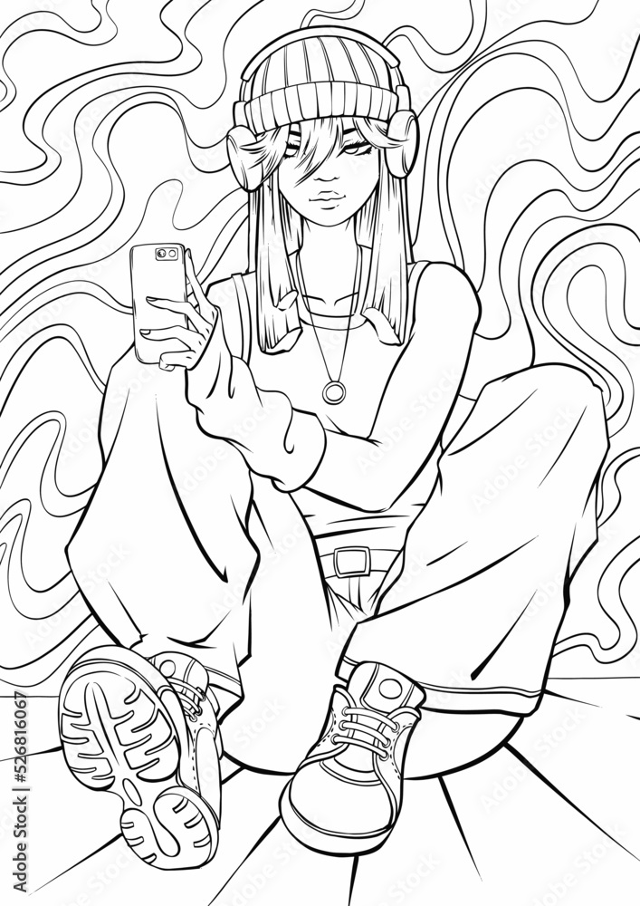 Coloring Page Of Anime Girl With Black And White Line Art Outline