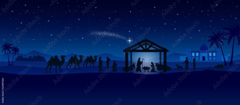 Fototapeta premium Blue Christmas Nativity scene in the desert greeting card background. Vector EPS10.