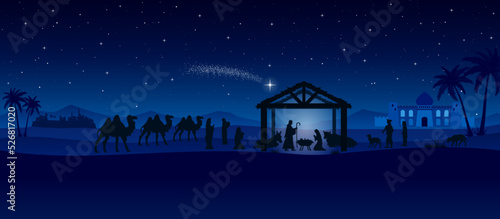 Blue Christmas Nativity scene in the desert greeting card background. Vector EPS10.
