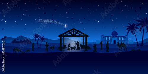 Blue Christmas Nativity scene in the desert greeting card background. Vector EPS10.