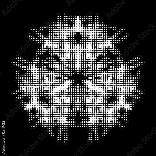 Dotted background from a transparent polka dot halftone mandala.  A gauzy perforation contour of dots, strokes, spots. Vector stencil.