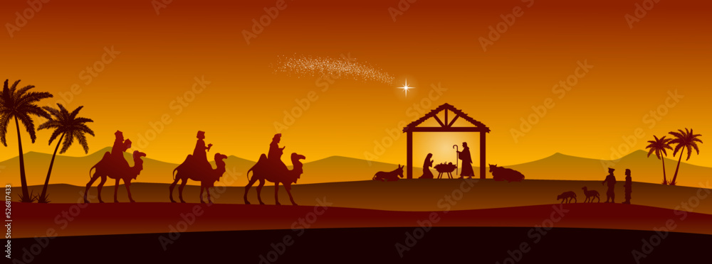 Christmas Nativity scene in the desert greeting card background. Vector ...