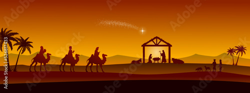 Christmas Nativity scene in the desert greeting card background. Vector EPS10.