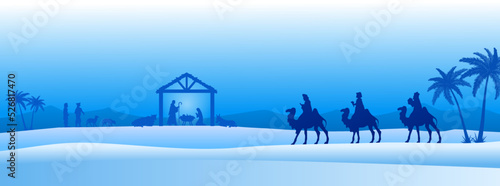 Christmas Nativity in the desert. Greeting card background. EPS10 Vector.
