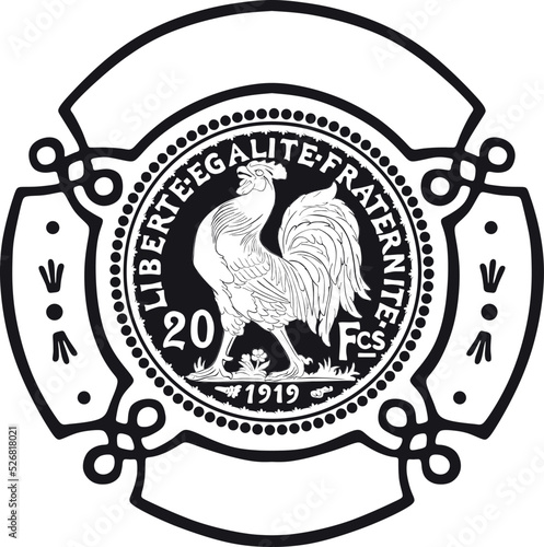 france 20 franc gold coin with vintage frame year 1919